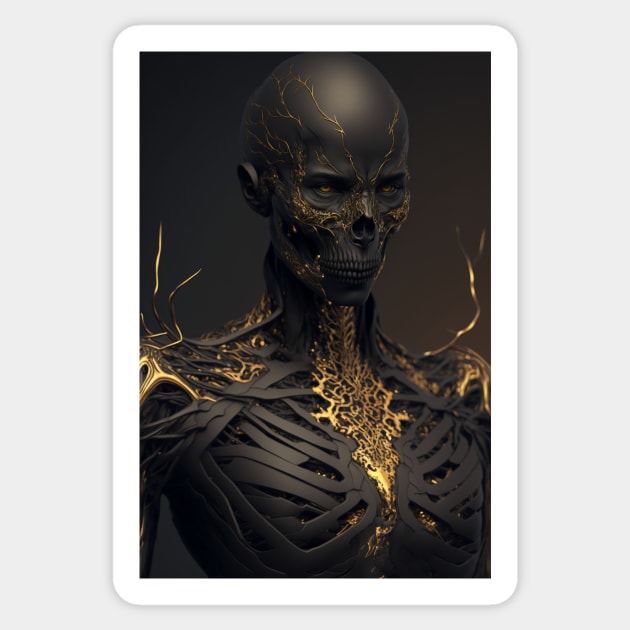 The Dark Elegance of Golden Fissures: A Demon Skull Bedecked in Splendor Sticker by Darksavage